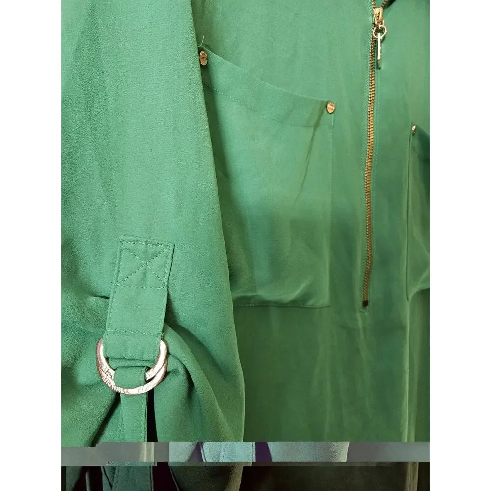 Michael Michael Kors Size 2X Plus Green Solid Collared Tunic 1/2 Zip Blouse